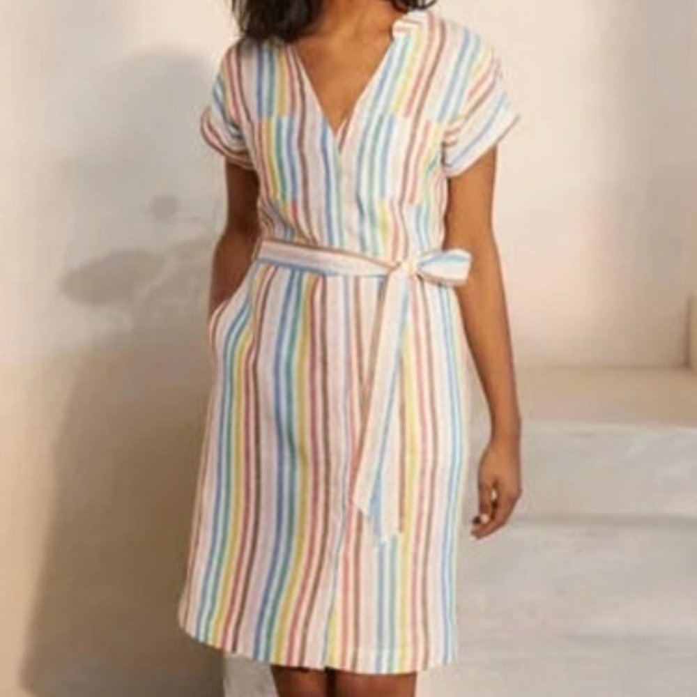 Boden Evie Rainbow Striped Linen Shirt Dress with pockets